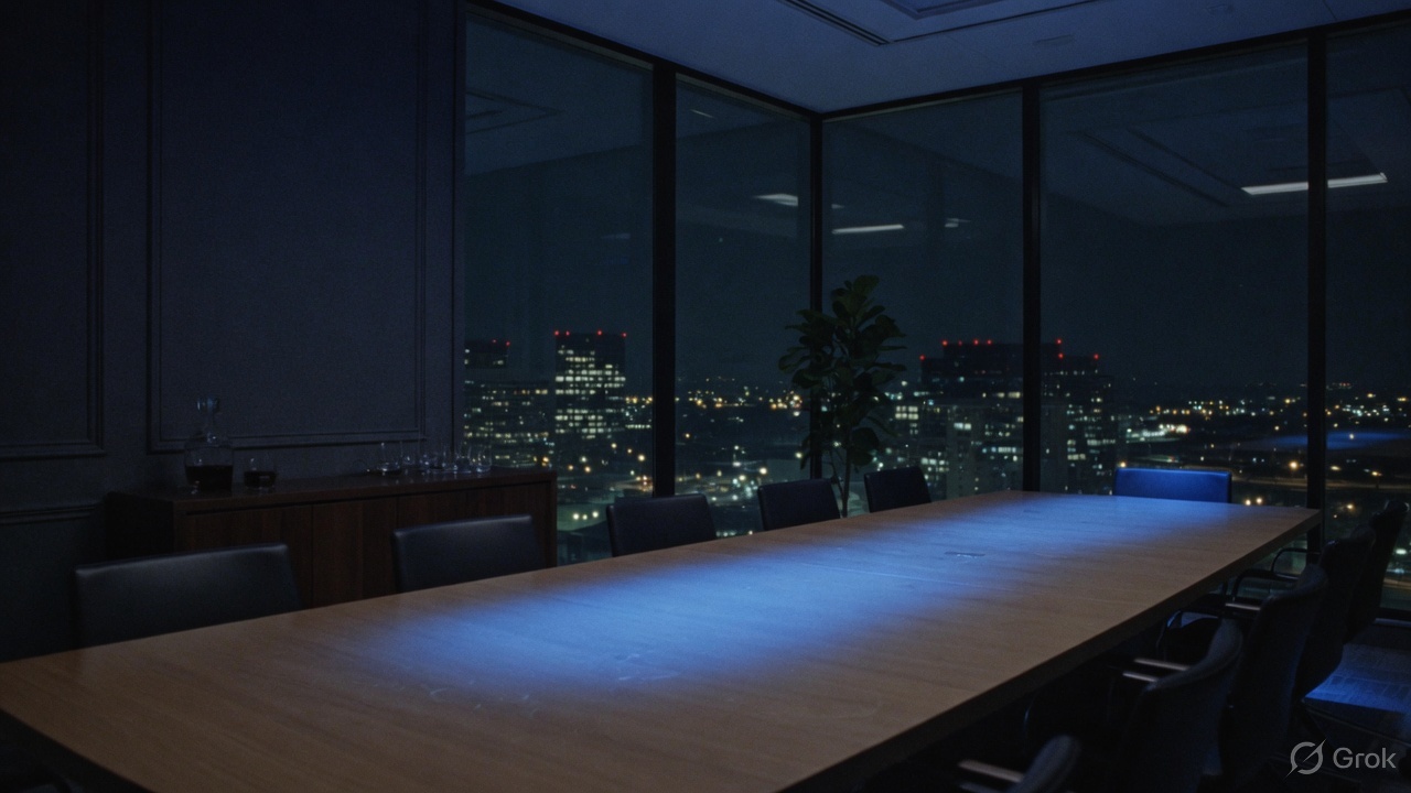 Quiet executive office at night overlooking a city